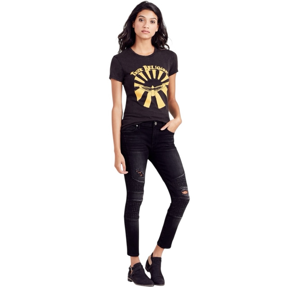 True Religion Halle Mid Rise Super Skinny Moto Women’s Jean Black Distressed 25
